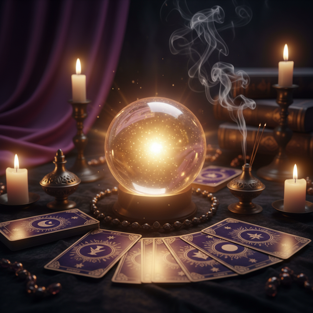 Mystical tarot video reading with crystal ball, candles and incense smoke
